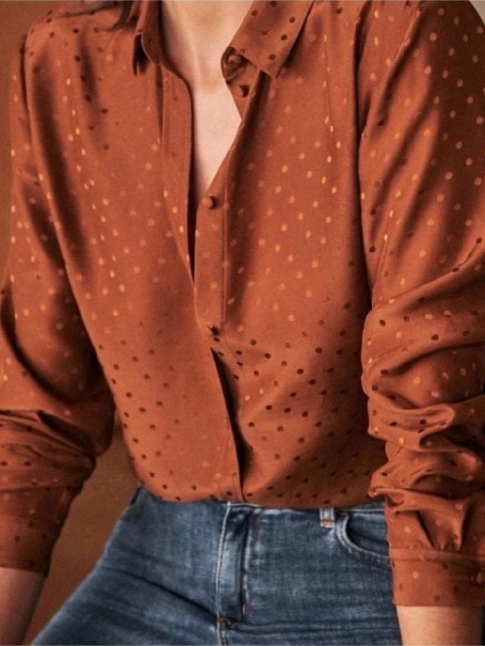 Sezane Copper Brown Dot-Texture Satin Dress Shirt - Picture 5 of 6